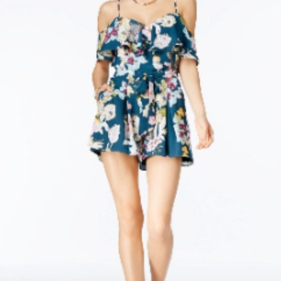 Guess Pants - GUESS | Floral Ruffle Off Shoulder Romper Large